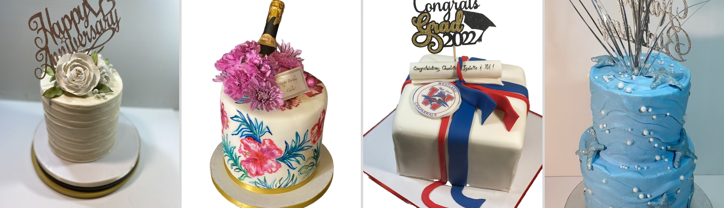 Happy Anniversary cake with a white sugar rose, a hand-painted floral cake with a champagne bottle, a Congrats Grad 2022 gift box cake and a blue cake with sparklers
