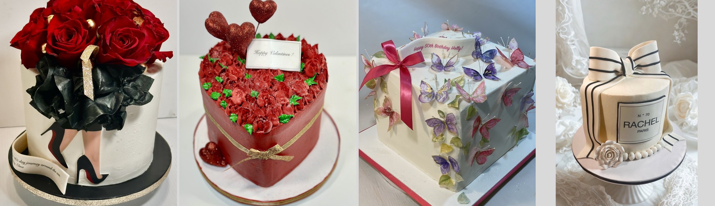 Anniversary cakes: red roses with a stiletto, a red heart cake, a butterfly gift box and a perfume bottle cake