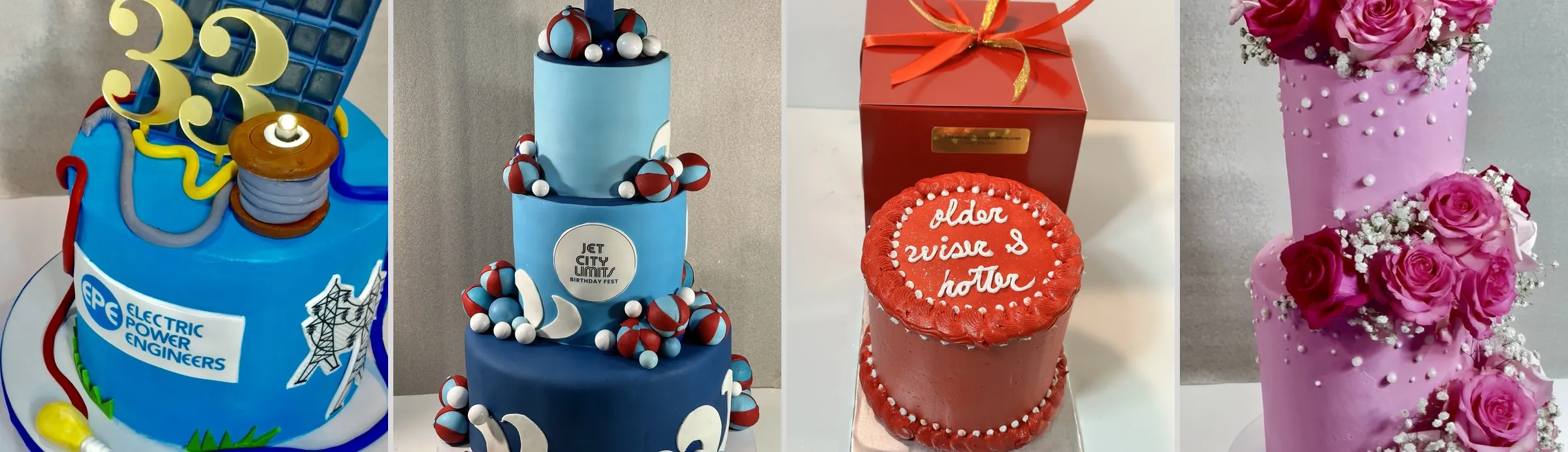 Custom birthday cakes: an engineer-themed 33rd cake, a two-tier blue cake, a red gift box cake and a pink rose cake