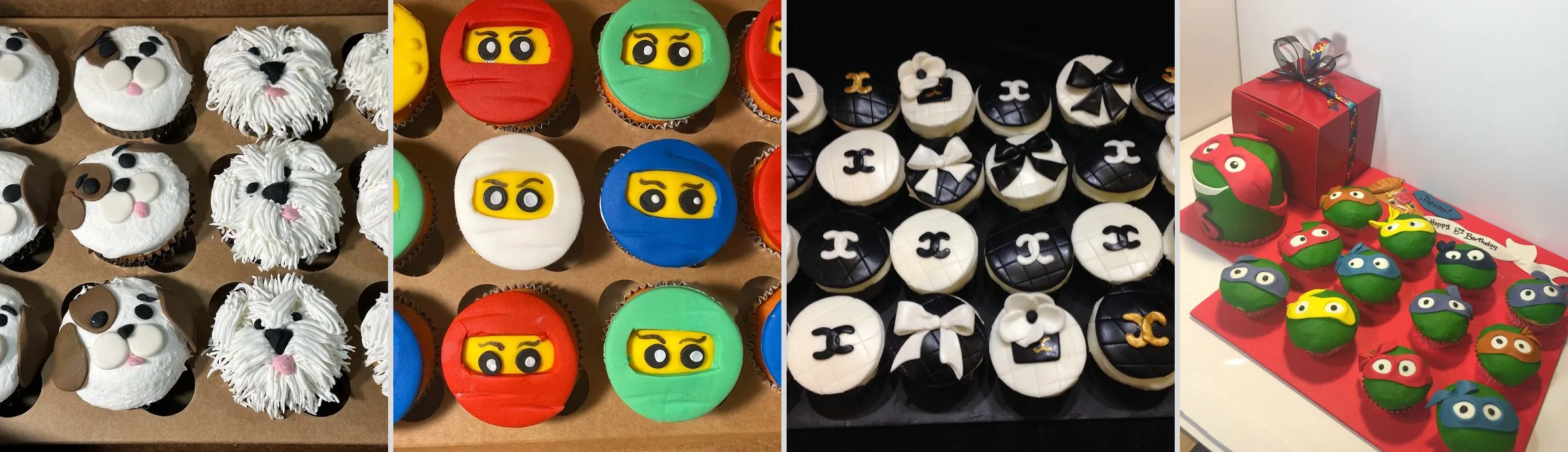 Custom cupcakes with puppy faces, ninja masks, Chanel logos and Ninja Turtles from our Austin cake studio