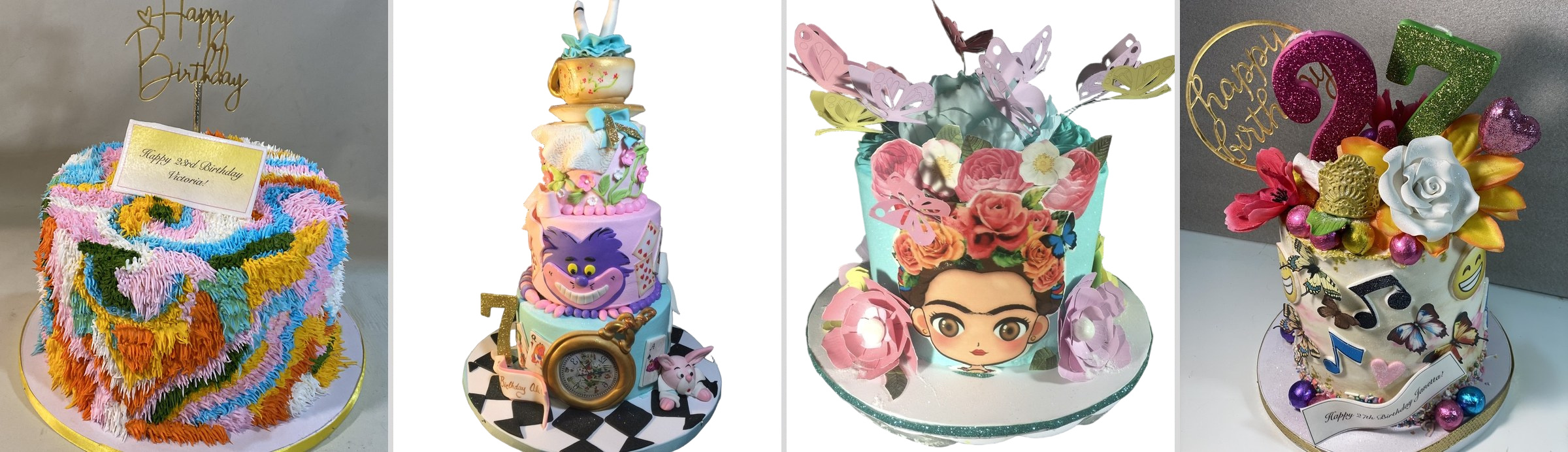 Birthday cakes: a swirled pastel cake, an Alice in Wonderland tier cake, a Frida Kahlo floral cake and a 27th cake