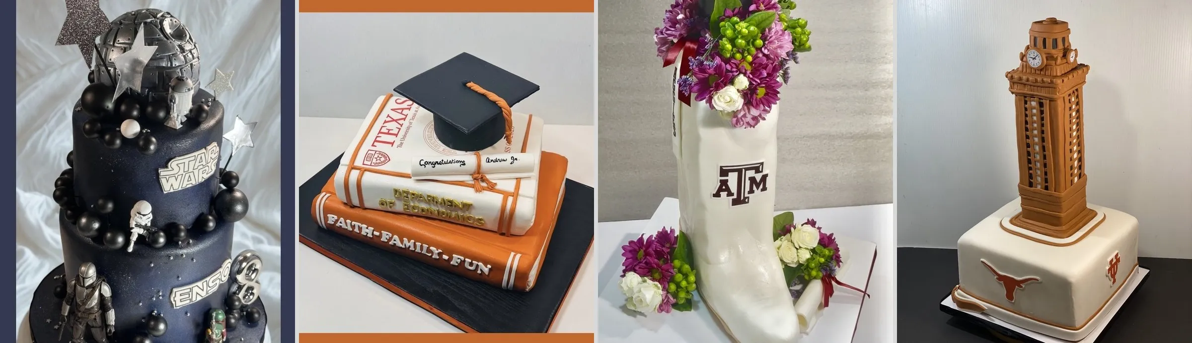 Graduation cakes: a Star Wars tier cake, stacked Texas books with a grad cap, a Texas A&M boot and a UT Tower cake