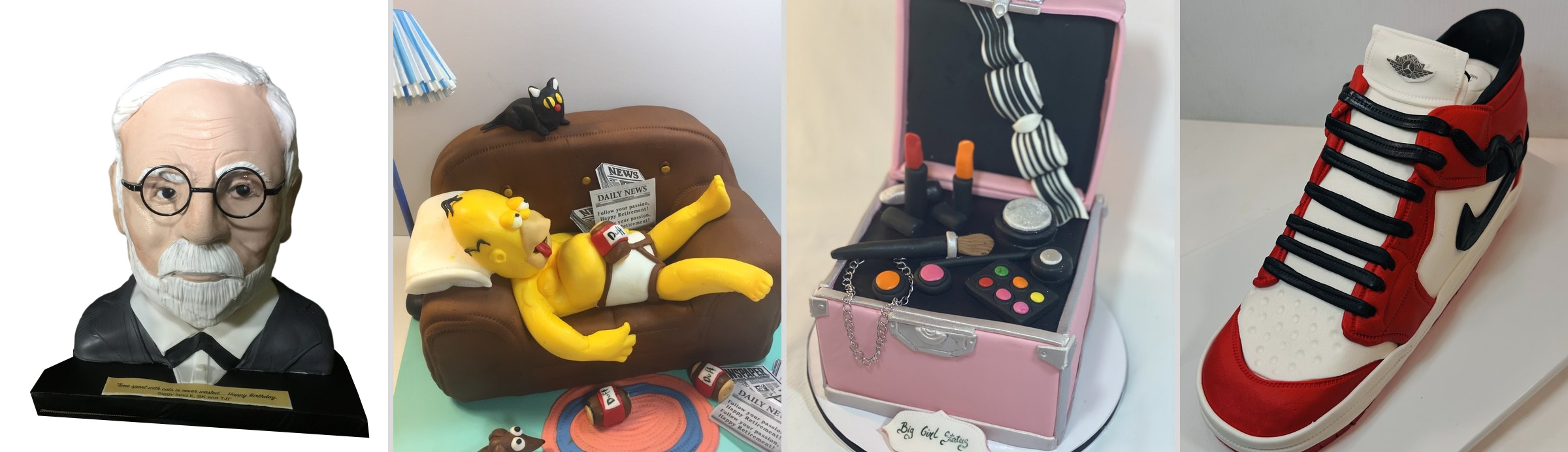 Sculpted cakes: a portrait bust, Homer Simpson on a couch, a makeup case and a red Nike Air Jordan sneaker