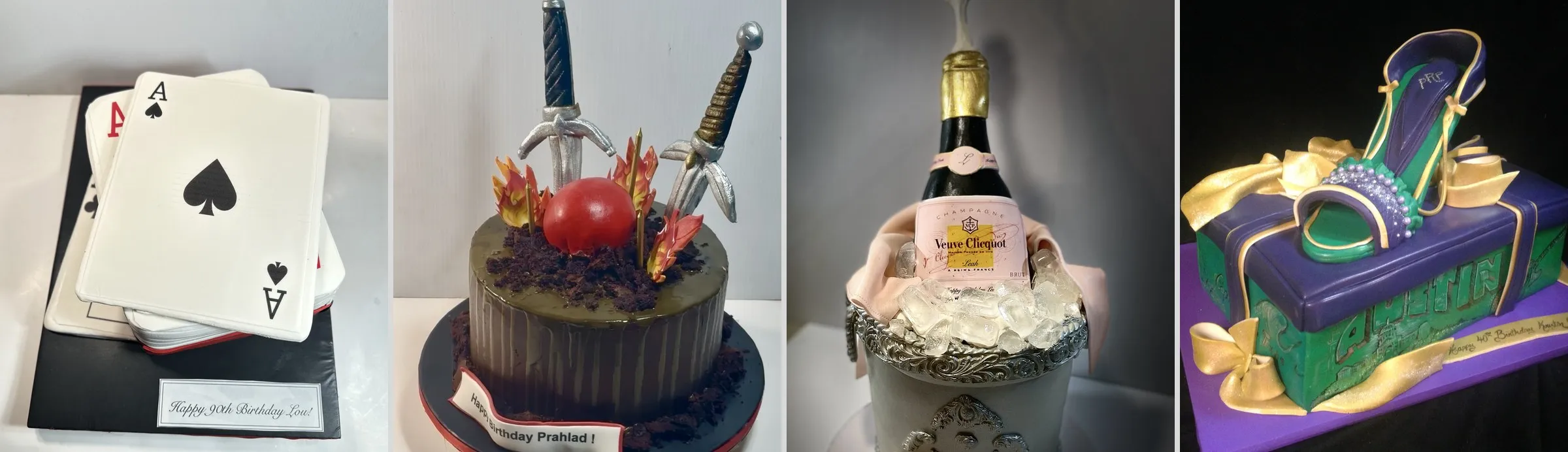 Party cakes shaped like playing cards, a champagne bottle on ice and a stiletto on a shoebox, plus a sword cake