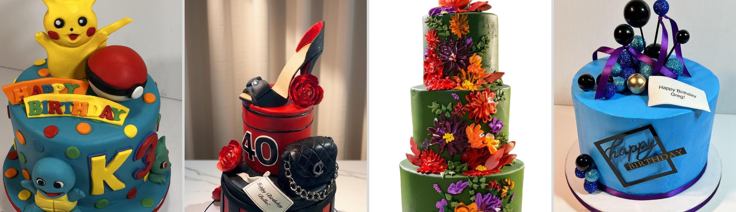 Pikachu Pokemon birthday cake, a red and black 40th cake topped with a stiletto, a green tiered cake with painted wildflowers and a blue cake with black spheres