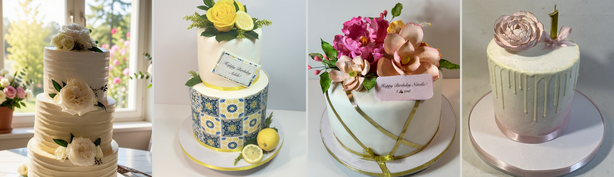 Sugar flower cakes: a tiered white buttercream cake with white roses, yellow roses on blue tiles, pink and gold blooms and a white drip cake