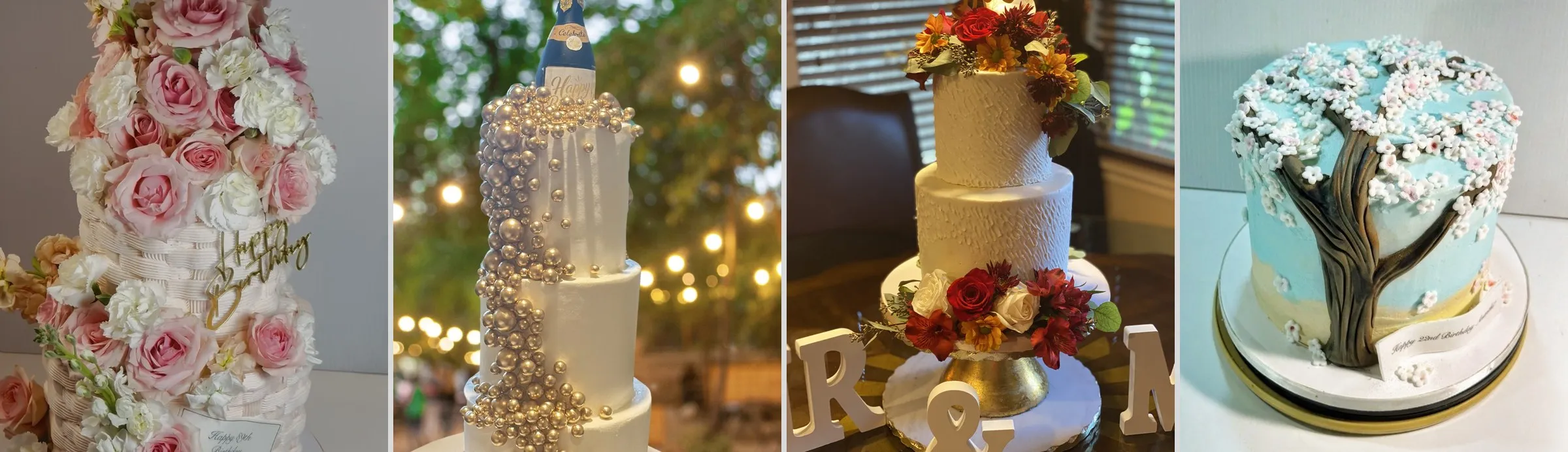 Wedding cakes with pink roses, cascading pearls, gold texture with autumn flowers and a cherry blossom tree