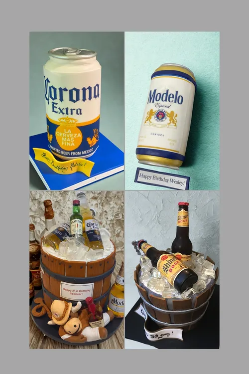 Beer cakes: sculpted Corona and Modelo cans and beer buckets filled with ice