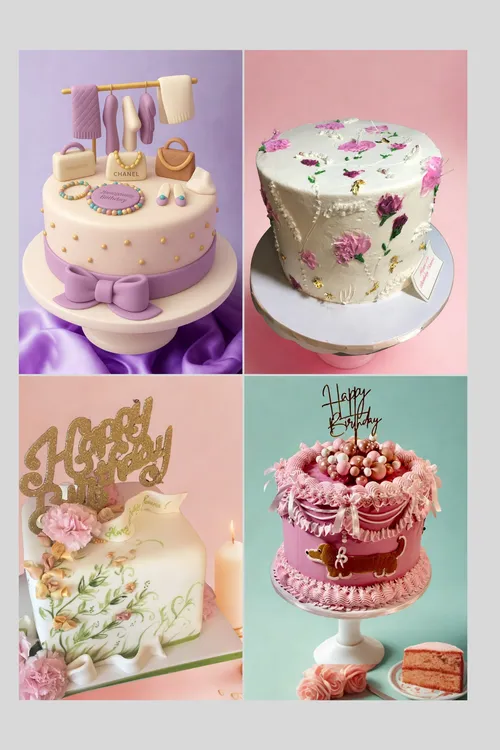 Birthday cakes with a fashion closet topper, painted flowers, a gold Happy Birthday topper and pink ruffles