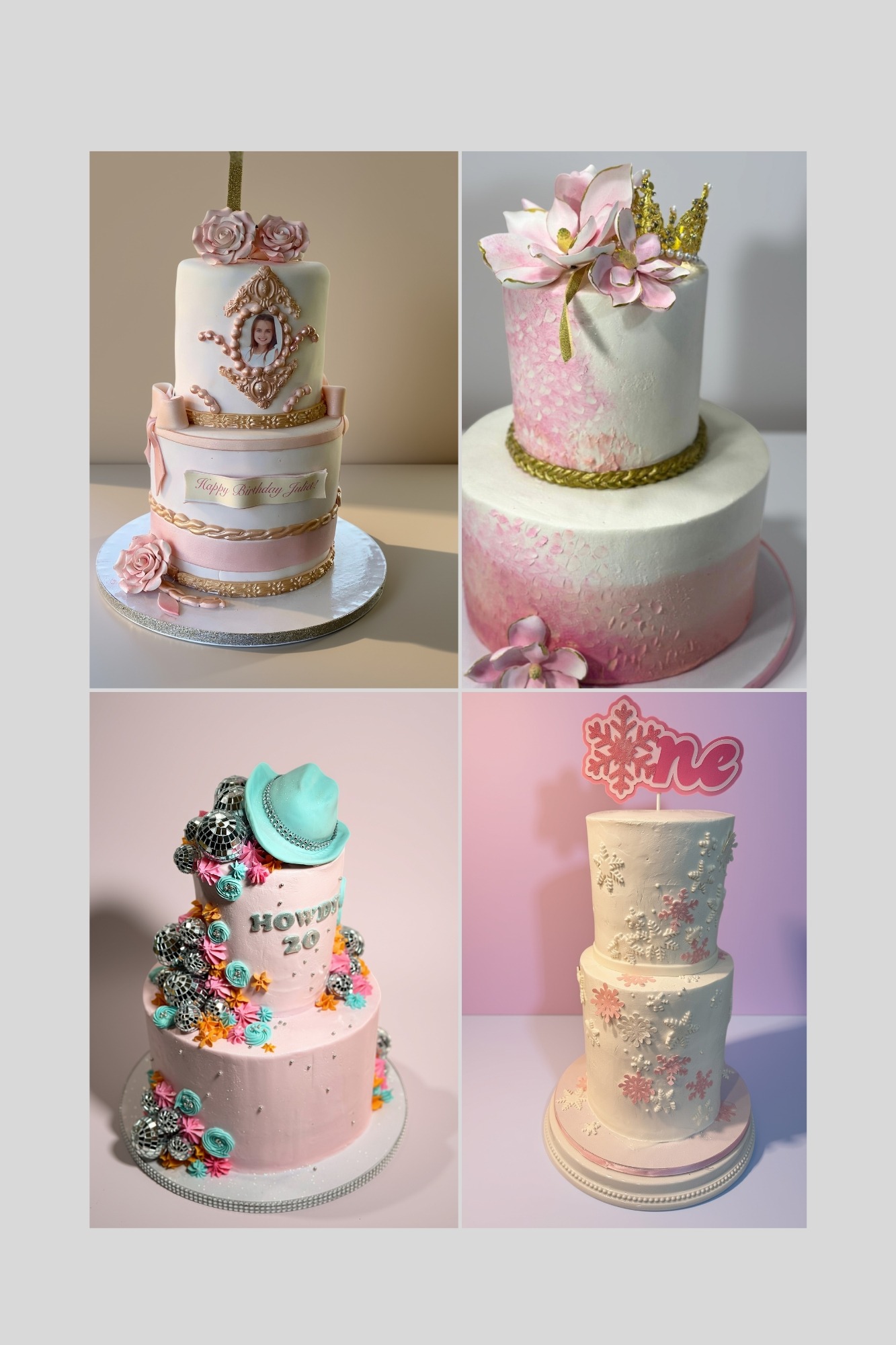 Celebration cakes with pink sugar flowers, a gold crown, a cowboy hat Howdy cake and a snowflake ONE cake