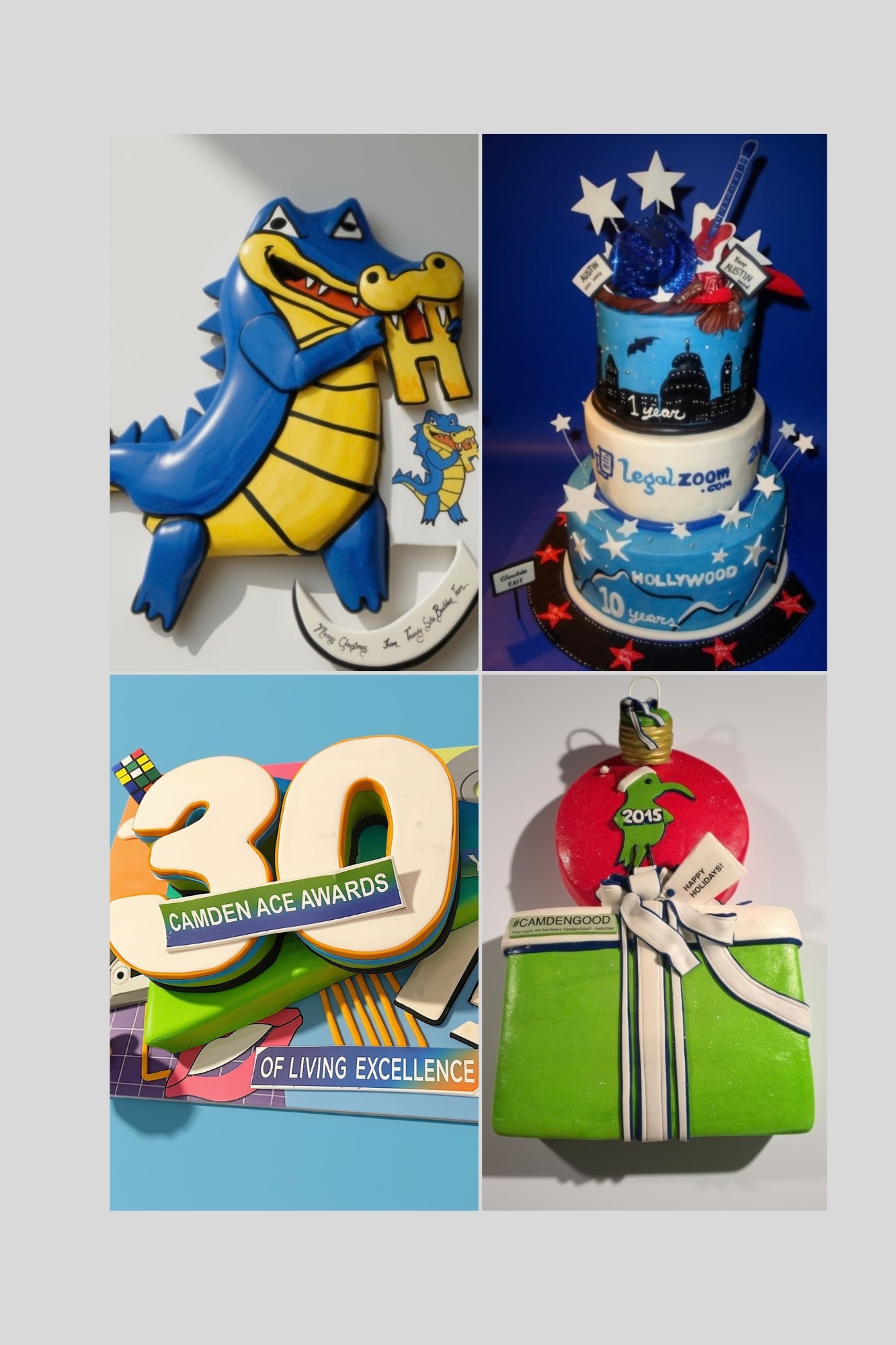 Corporate logo cakes: a sculpted gator mascot, a LegalZoom 10-year cake, a 30 awards cake and a gift box