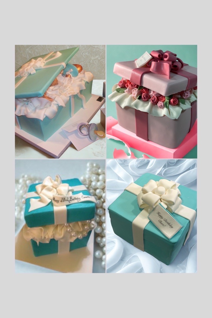 Gift box cakes in teal and pink with sugar bows, roses and pearls