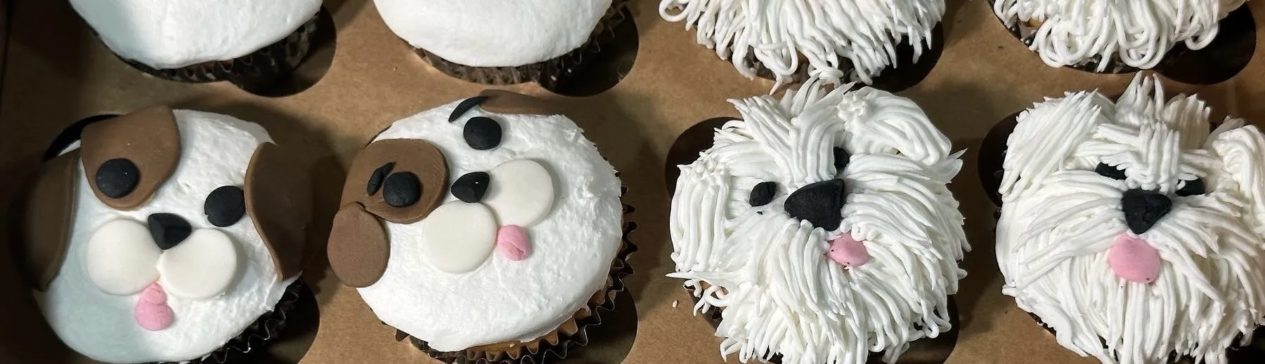 Close-up of puppy and shaggy dog face cupcakes