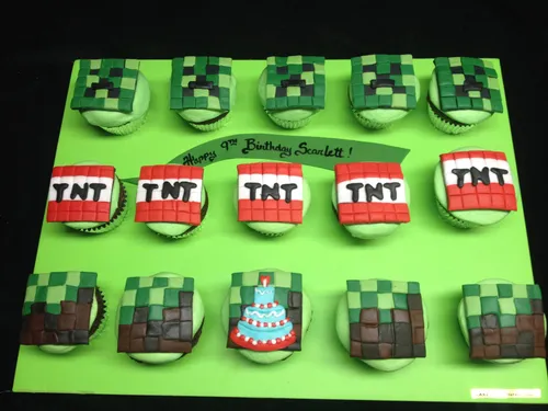 Minecraft birthday cupcakes with Creeper, TNT and grass block toppers