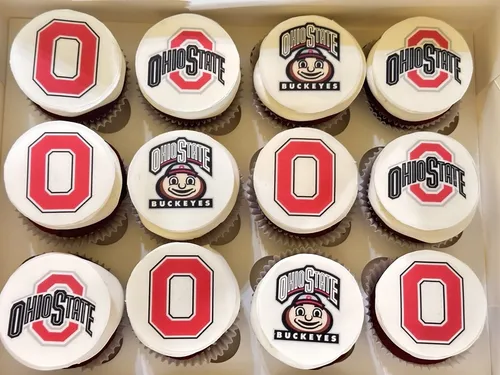 Ohio State Buckeyes cupcakes with Block O and Brutus logos
