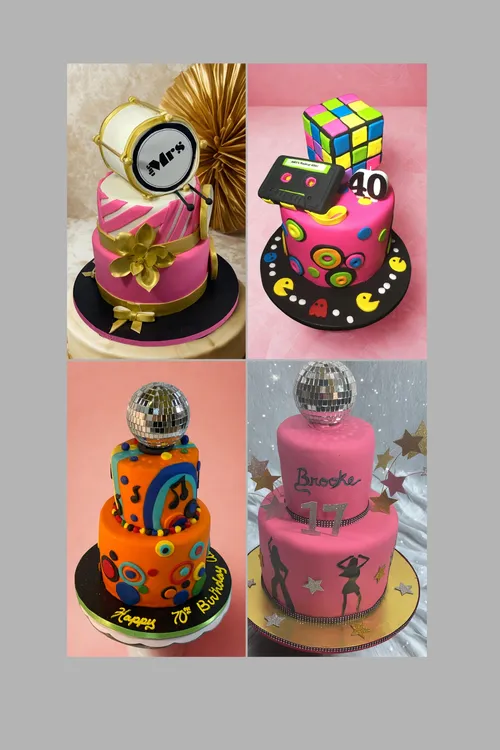 Party cakes with disco balls, a Rubik's Cube 40th, a drum and a 70th birthday disco cake