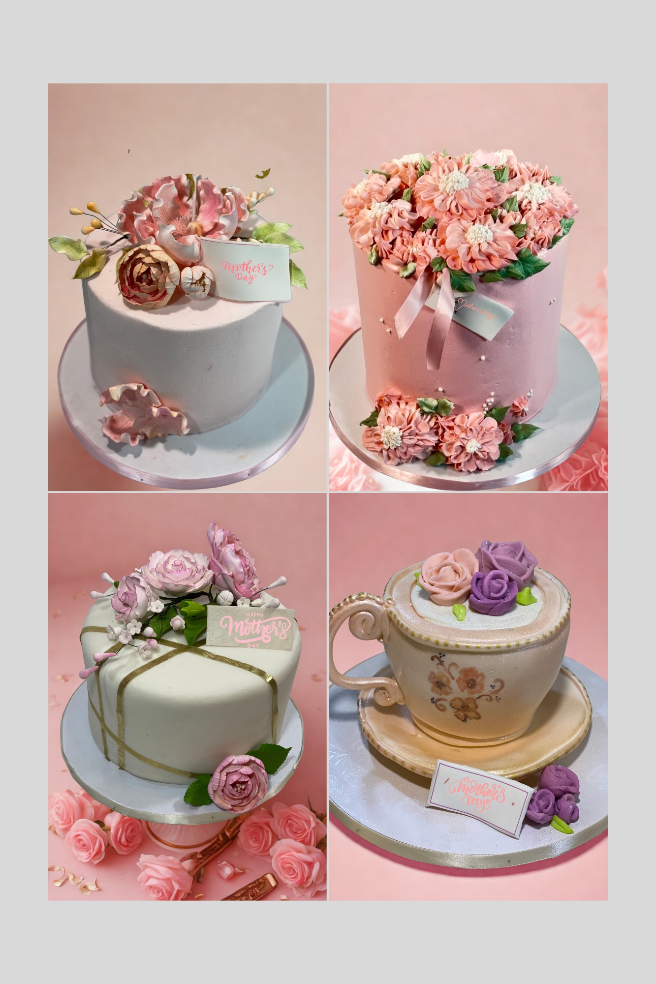 Floral anniversary cakes with pink sugar flowers, piped carnations and a teacup cake
