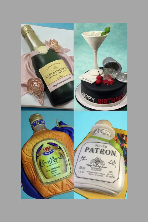 Liquor cakes: a Moet champagne bottle, a martini glass, Crown Royal and Patron bottles