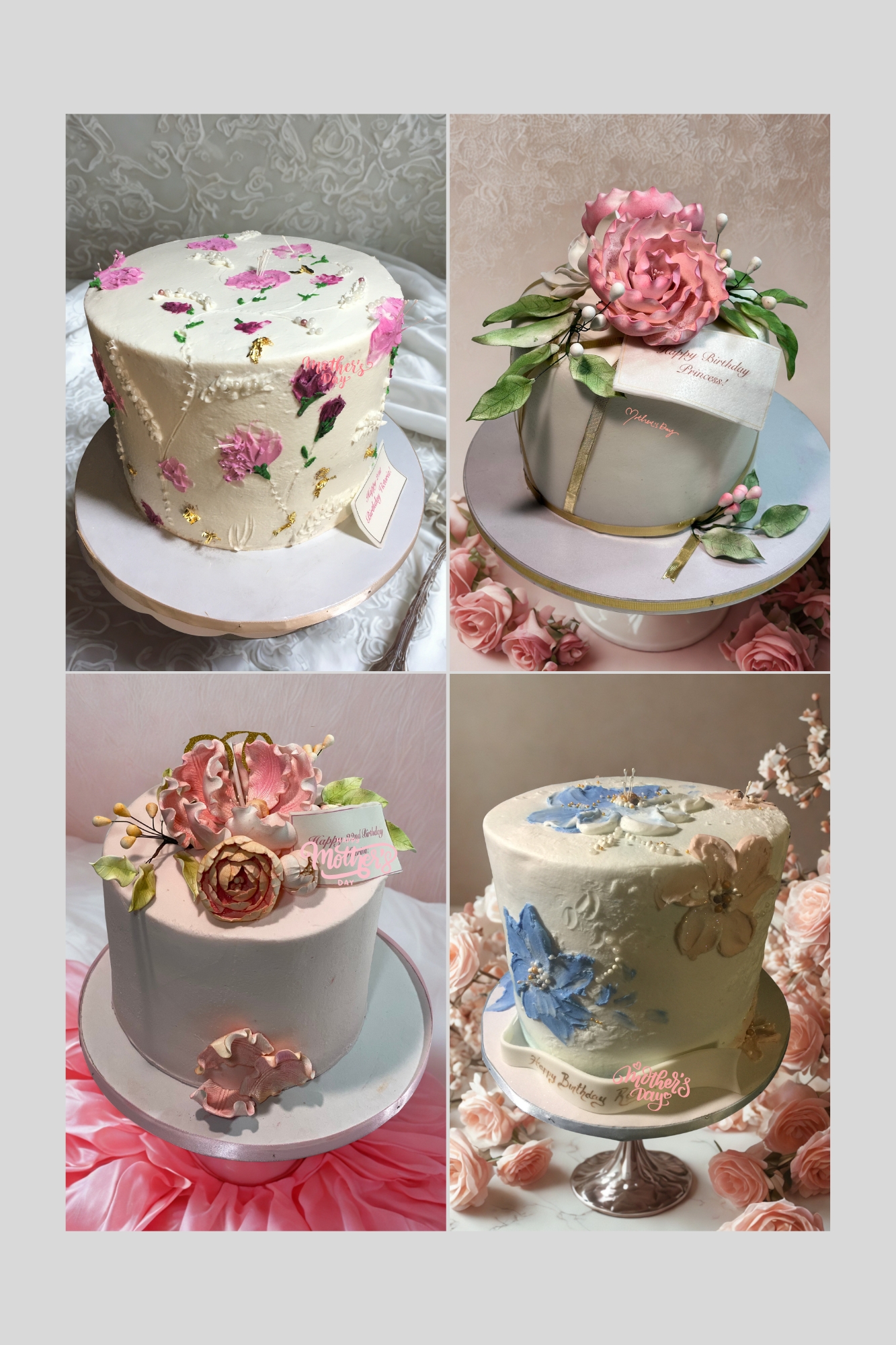 Elegant white and gray cakes with hand-painted and sugar peony flowers