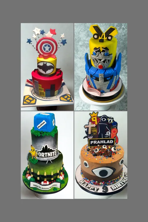 Kids superhero cakes: Captain America and Batman, Transformers Bumblebee, Fortnite and a 9th birthday cake