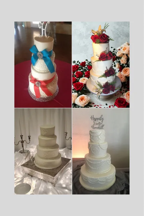 Tiered wedding cakes with a teal bow and monogram, red roses, and two all-white lace designs