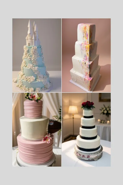 Wedding cakes including a fairytale castle, a watercolor square cake, pink ruffles and black ribbon tiers