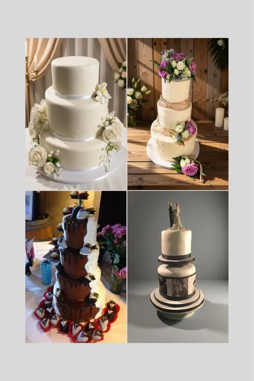 Wedding cakes with white sugar flowers, purple blooms, a chocolate cascade and a couple cake topper