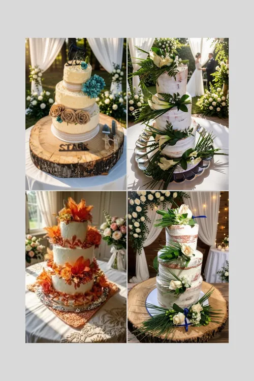 Rustic wedding cakes on wood slices with burlap roses, calla lilies and orange autumn flowers
