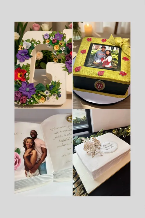 Photo and open-book wedding cakes with edible couple portraits and sugar flowers