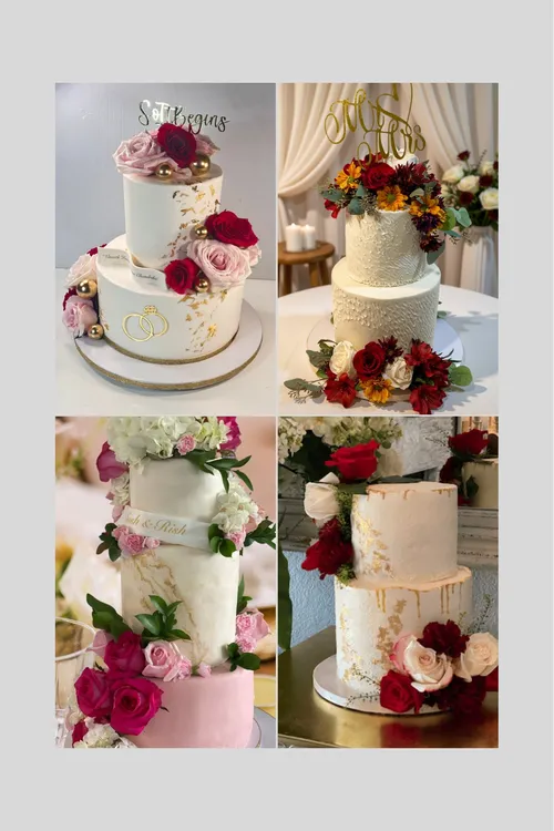 Tiered wedding cakes with pink and red roses, gold leaf and gold monogram toppers