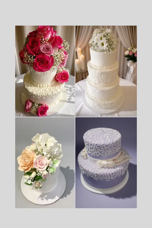 Wedding cakes with red roses, white lace tiers, peach sugar flowers and lavender piped lace