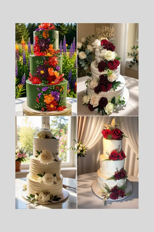Wedding cakes with painted wildflowers on green, cascading red roses and textured white buttercream