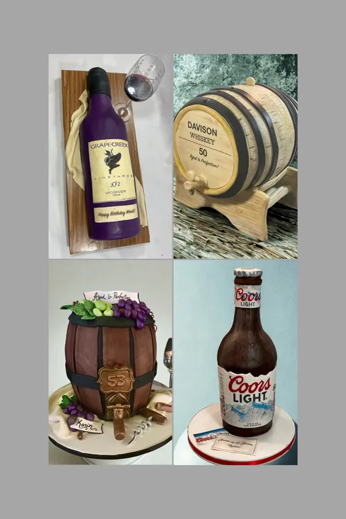 Sculpted wine bottle, whiskey barrel, wine barrel and Coors Light bottle cakes